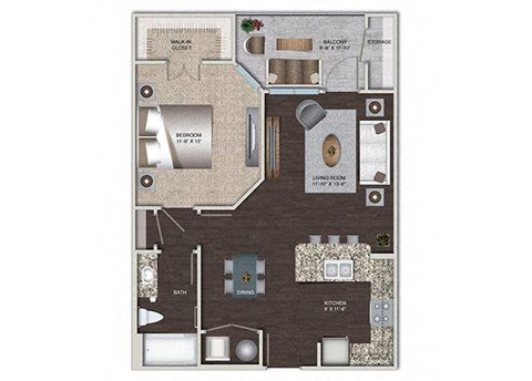 Floor plan for 1 bed, 1 bath, 715 sqft
